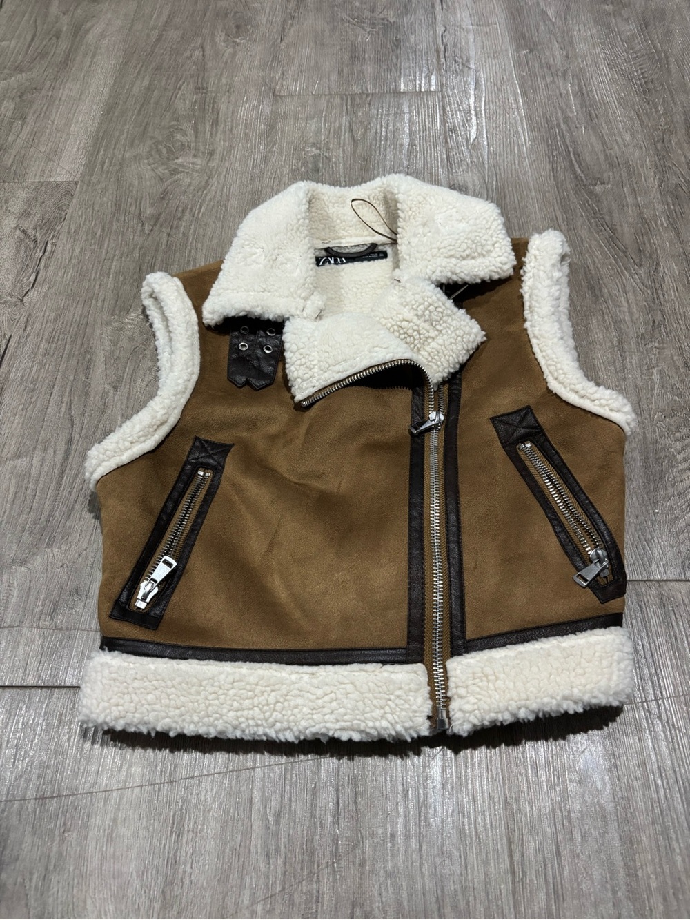 ZARA Combination Fleece Vest Taupe Size Small - Picture 4 of 6